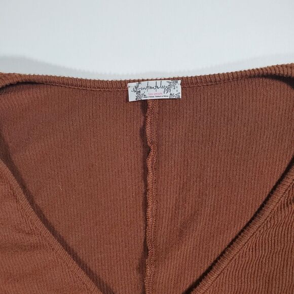 Free People Women's Shirt Medium Brown Long Sleeve Henley Ribbed V-Neck Basic - Picture 3 of 9